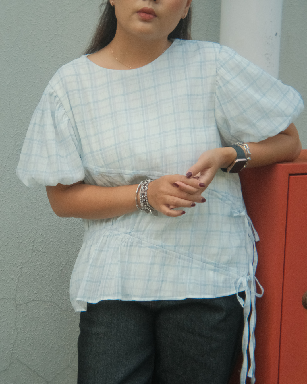Olivia Plaid Puff Blouse