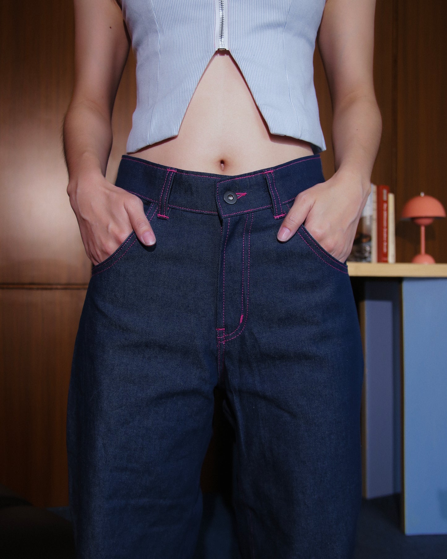 Double Heart Denim Jeans (Pink Stitching)